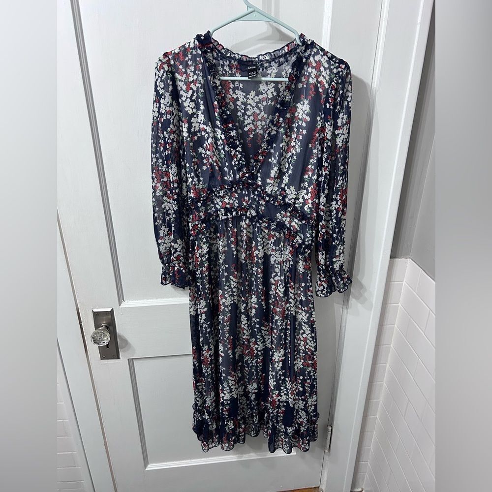 Floral V-Neck Midi Dress - Navy